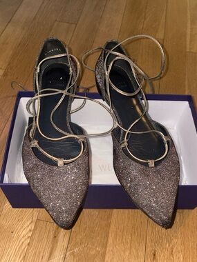 Stuart Weitzman Rose Gold Glitter Lace-Up Pointed Flats